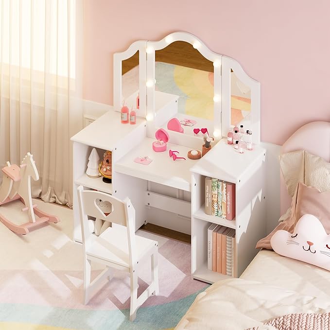GarveeHome Kids Vanity with Lights Storage Cabinet & Touch Light Detachable Tri-Folding Mirror, 2 in 1 Toddler Vanity Table & Chair Set Wooden Girls Vanity Dress Table for Girls