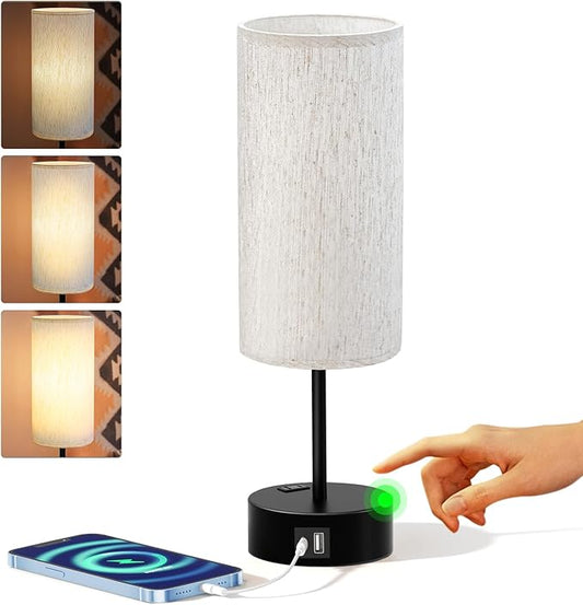 KPQ Small Bedside Lamp Touch Control Table Lamp with USB A+C Charging Ports & AC Outlet 3-Way Dimmable Nightstand Lamp with Linen Fabric Shade for Bedroom Living Room