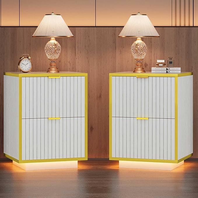 White and Gold Nightstand with LED Lights, White Nightstand with Storage, Modern Led End Table with 2 Fluted Drawers, Bed Side Table for Living Room, Set of 2, White and Gold