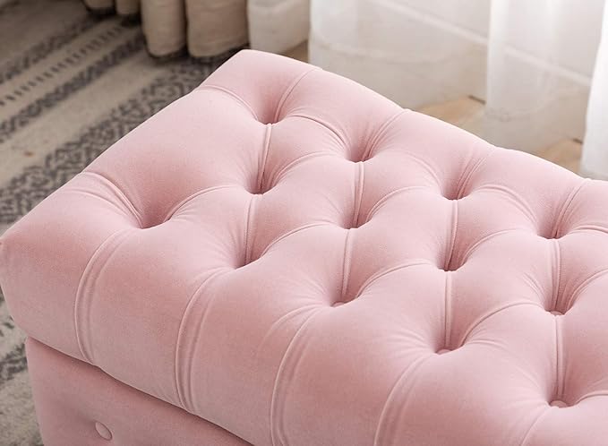 Artechworks Storage Coffee Table Ottoman, Button Tufted Velvet Upholstery Footstool Bed Ottoman for Living Room, Home Office, Space-Saving Storage Toy Box Stool, Pink