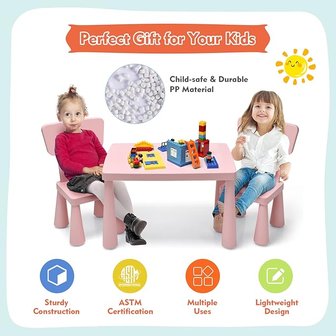 LDAILY Kids Table and Chairs, 3-Piece Children Arts Nursery Furniture for Drawing, Reading, and Painting, Light Weight Plastic Activity Kids Desk and Chair Set for Playroom, Kindergarten (Pink)