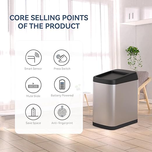 ELLO&ALLO 13 Gallon Kitchen Trash Can with Roll Up Lid, Automatic Touchless Motion Sensor Rectangular Trash Can, Brushed Stainless Steel Finish