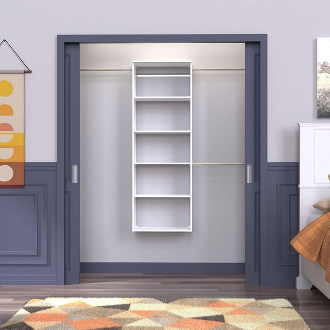 ClosetMaid SuiteSymphony Hanging Tower Organizer with (3) Closet Rods, and (6) Shelves, 81" to 121" W x 71.6" H x 14.6" D, White