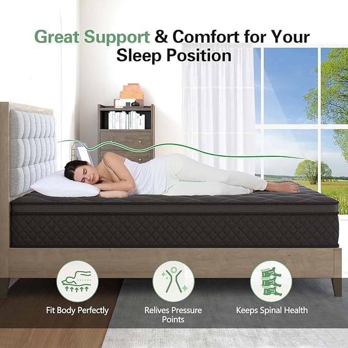 Full Mattress, Hybrid Mattresses 10 Inch Euro Top Medium Firm for Back & Lumbar Support, 100 Night Trial, Individual Pocket Spring Bed for Motion Isolation & Pressure Relief Black
