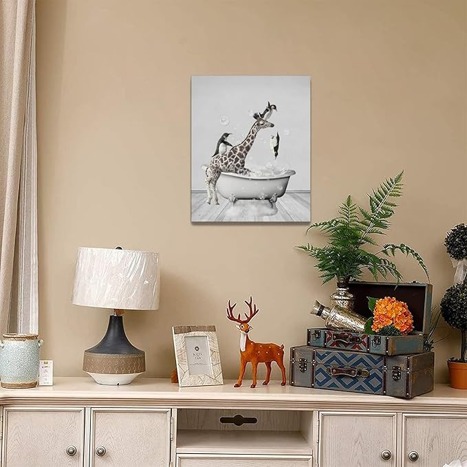 Funny Wall Art Giraffe and Penguin Bathroom Pictures for Kids - Animals in Bathtub Canvas Prints Artwork - Home Decorations for Bathroom, Bedroom, Toilet - Framed