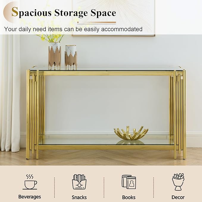 Glass Gold Coffee Table Set of 2,Modern Rectangle Coffee Table and Console Table w/Storage,Glass Coffee Table Set with Steel Frame,2 Pieces Living Room Table Set for Apartment Home Office