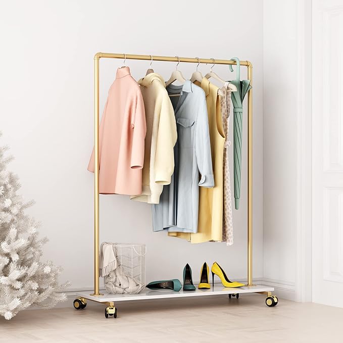 Gold Metal Clothing Rack with Wood Shelf, Heavy Duty Rolling Garment Rack with Wheels for Bedroom Retail Boutique Use (49.21L inches)