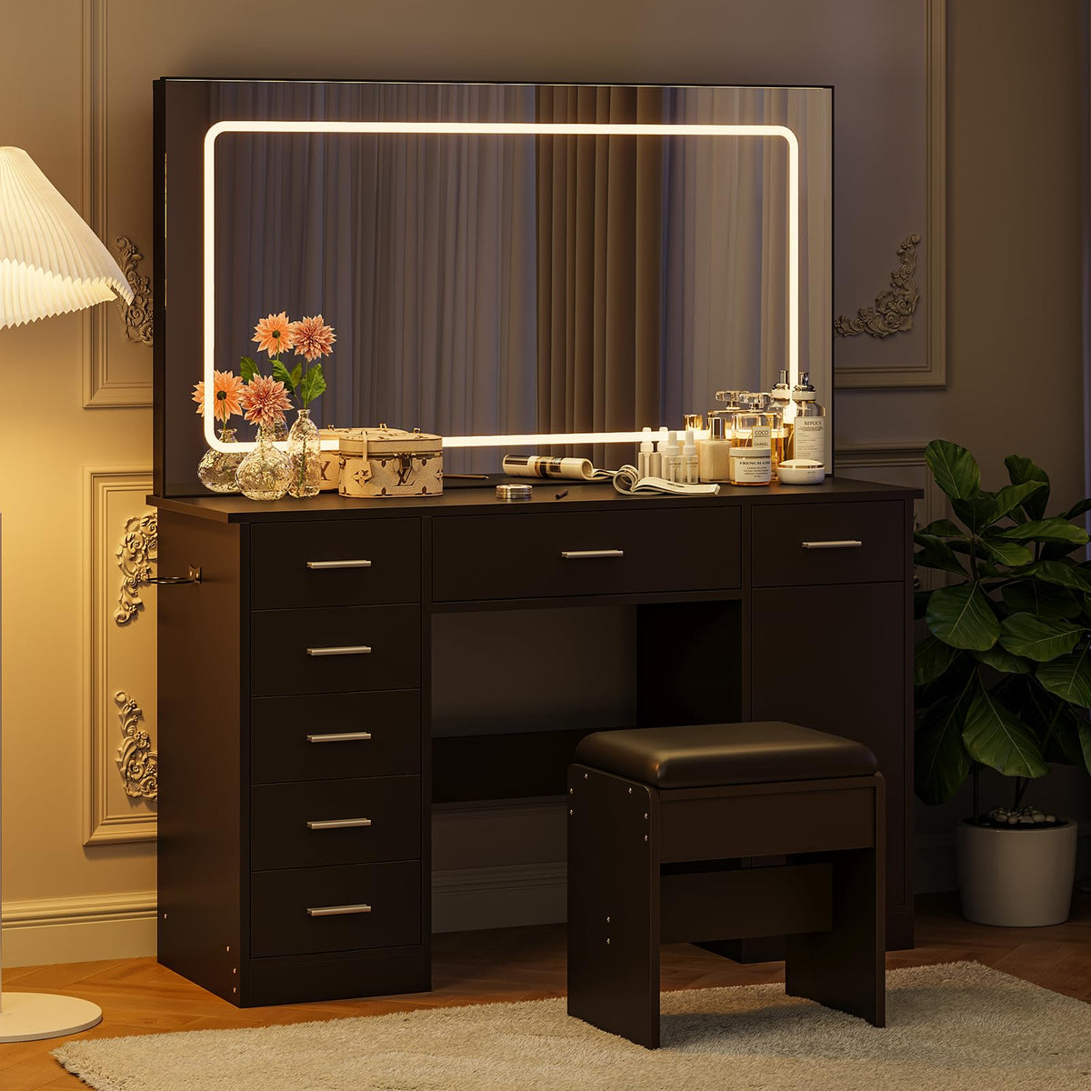 Garvee Modern Vanity Desk with Mirror & LED Lights – 7 Drawers,Black