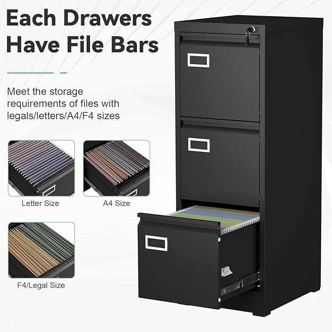 File Cabinet,3 Drawer Filing Cabinet with Lock,Metal Filing Cabinets for Home Office,School,Vertical File Cabinets for Letter/Legal/A4/F4 Size,Assembly Require,Black