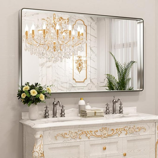 LOAAO 60X28 Inch Brushed Nickel Bathroom Mirror, Rounded Rectangle Silver Metal Frame Mirror, Brushed Nickel, Anti-Rust, Shatter Proof, Hangs Horizontally or Vertically