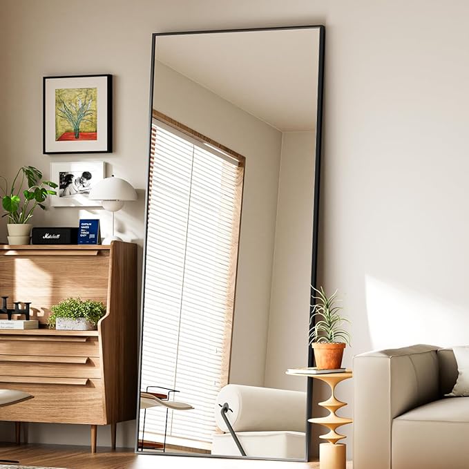 Koonmi Large Mirrors, 65"x24" Full Length Mirror with Stand, Full Body Mirror with Aluminum Alloy Frame, Hanging or Leaning Against Wall Floor Standing Mirrors for Bedroom Living Room, Black