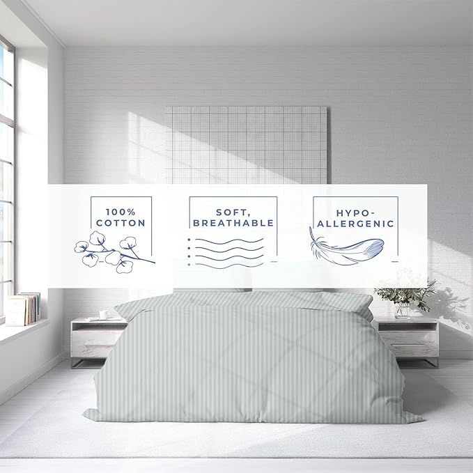 Kotton Culture 1 Pc Queen Size Duvet Cover Only -100% Egyptian Cotton Sateen 600 TC Ultra Soft Premium Durable Comforter Cover Zipper Closure & Corner Ties (Striped Silver, Queen/Full 90" X 90")