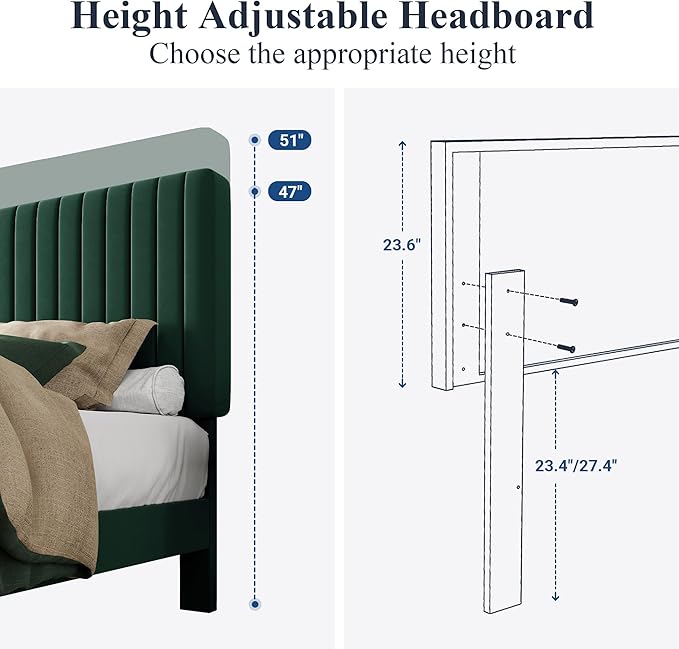 Allewie Full Bed Frame, Velvet Upholstered Platform Bed with Adjustable Vertical Channel Tufted Headboard, Mattress Foundation with Strong Wooden Slats, Box Spring Optional, Easy Assembly, Green