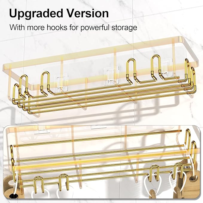 2025 New Adhesive Shower Caddy, Shower Shelves with 16 Hooks, Golden 2 Pack