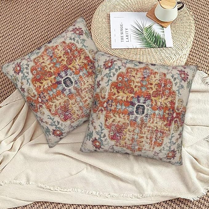Blue Burnt Orange Boho Throw Pillow Covers 16x16 Set of 2, Farmhouse Carpet Ethnic Decorative Pillow Covers Bohemian Rustic Cushion Cases Linen Gifts for Couch Sofa Indoor Outdoor