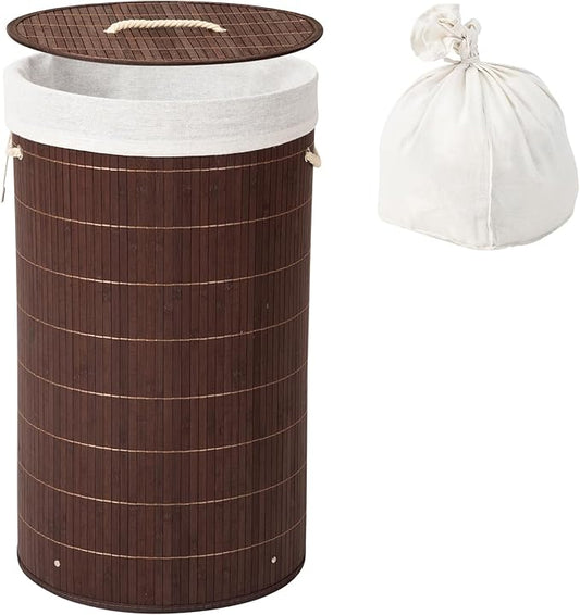 Laundry Hamper with Lid, Bamboo Laundry Basket with Handles & Removable Liner, 12.7 Gal (58L) Foldable Laundry Hamper for Laundry Room, Bedroom, Bathroom, Living Room (Round Brown)