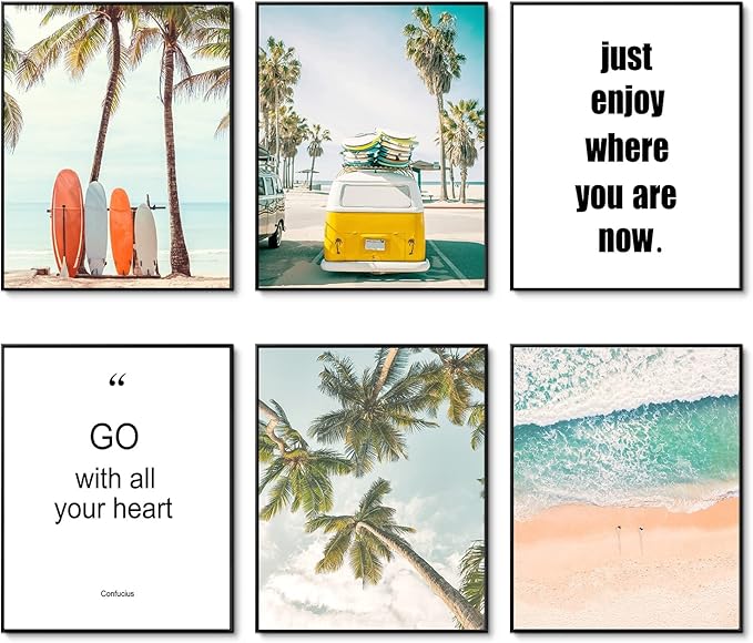 HoozGee Beach Wall Art Prints Set of 6 Summer Seascape Palm Poster Wall Decor Nature Landscape Coastal Surf Art Prints Pictures Photography Photos Print on Canvas Wall Decor (11"x14" UNFRAMED)