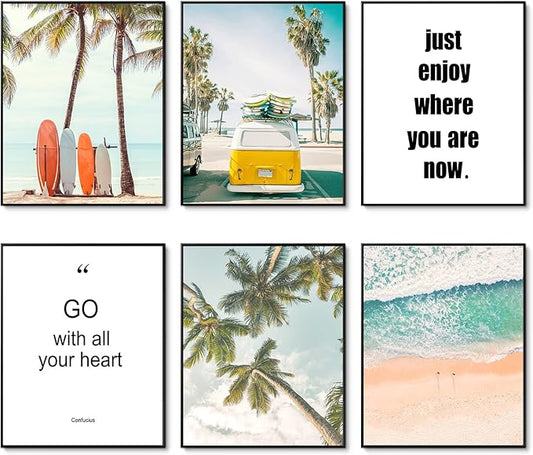 HoozGee Beach Wall Art Prints Set of 6 Summer Seascape Palm Poster Wall Decor Nature Landscape Coastal Surf Art Prints Pictures Photography Photos Print on Canvas Wall Decor (11"x14" UNFRAMED)