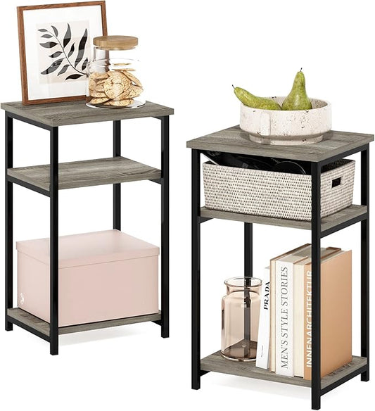 Furinno Just 3-Tier Metal Frame End Table with Storage Shelves, 2-Pack, French Oak
