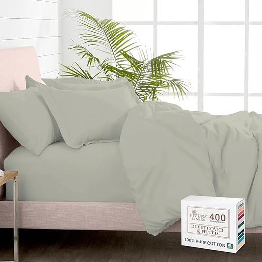 Pizuna 100% Cotton Twin 2 Pc Duvet Cover + 1 Pc Fitted Sheet Set 400 Thread Count Silver Sateen Weave Luxurious Long Staple Cotton 4 Piece Bedding Set - 1 Duvet Cover, 1 Pillow Sham, 1 Fitted Sheet