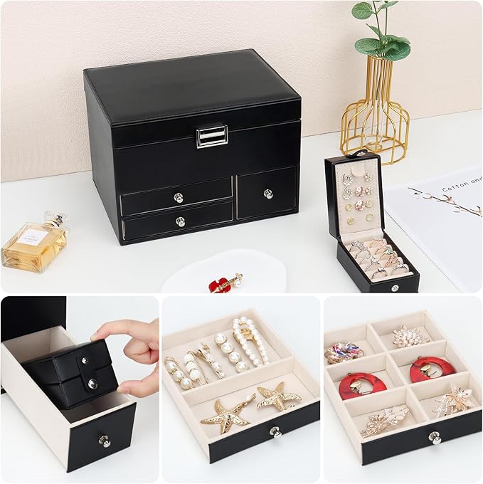 DesignSter Jewelry Organizer Box, Large Capacity 3 Layers, Travel Jewelry Case, Mirror, for Necklaces Earrings Rings Bracelets Watches (Black)