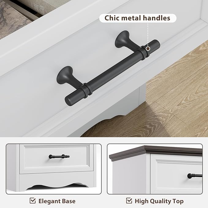 Nightstand Set of 2, Farmhouse Night Stand with Charging Station, White Wood Bedside Table & End Table with 3 Drawers, Side Table Storage Cabinet with Metal Handles for Bedroom, Living Room