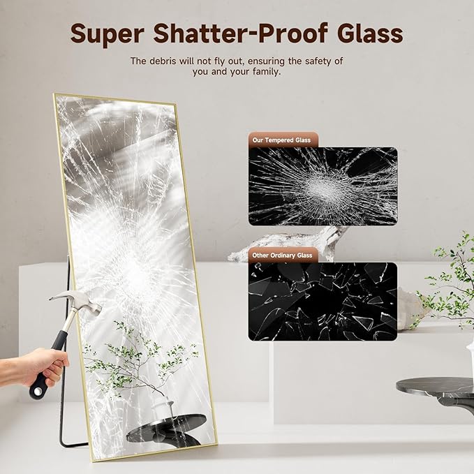 69"x24" Full Length Mirror, Gold Tempered Glass Rectangle Floor Standing Mirrors, Wall Mounted Hanging Aluminum Alloy Frame Bedroom Floor