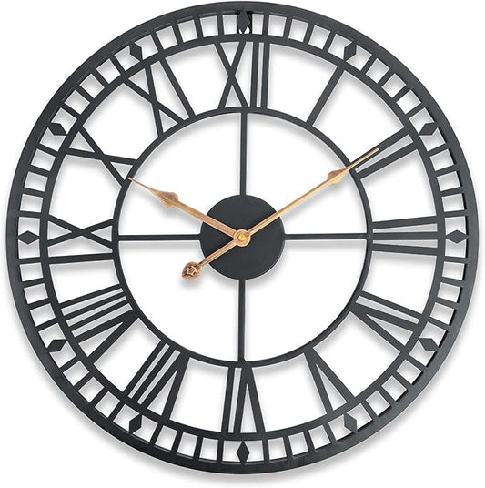 18 Inch Wall Clock for Living Room Decor, Silent Non-Ticking Battery Operated Metal Wall Clock, Indoor Outdoor Clocks with Roman Numerals, Black