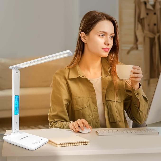 Desk Lamp with Wireless Charger, USB Charging Port, Dimmable Office Desk Light with Clock, Alarm, Date, Temperature, Foldable Lamp for Table Bedroom Bedside Office (White)