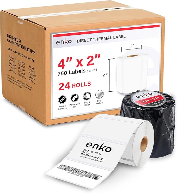 enKo 4" x 2" Labels for Zebra Desktop Printers (24 Rolls | 18,000 Labels) - Direct Thermal Address Mailing Shipping Barcode FBA Stickers FNSKU Label for Zebra and Eltron (Perforated)