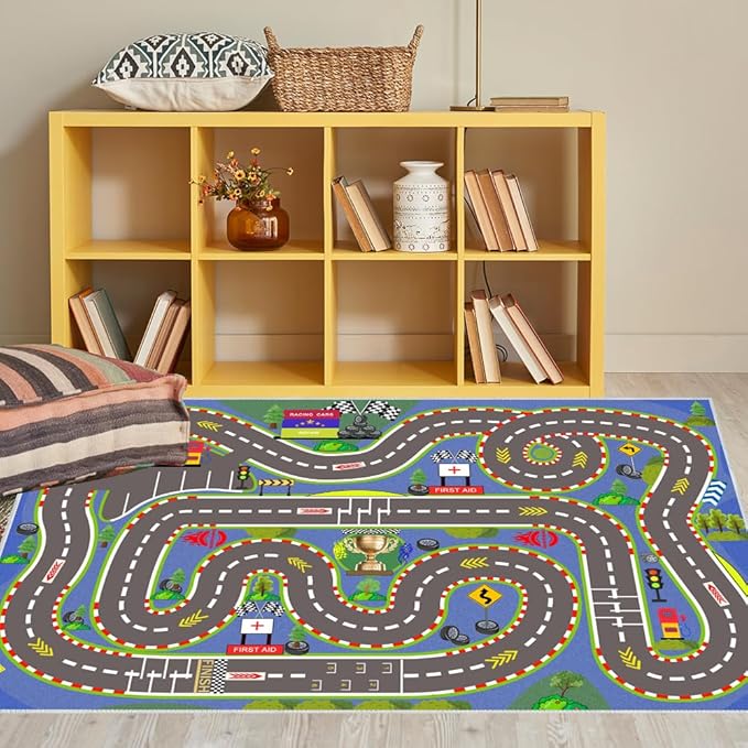Kids Rug, Race Track Playmat Rugs 94×63 in Kids Carpet with Rubber Backing, Start and Finish line Racing Track Marking Car Road Race 3D Play Mat Nursery Rugs for Children Bedroom Playroom