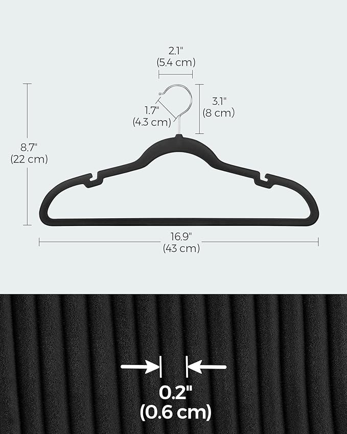 SONGMICS Velvet Hangers 20 Pack, Non-Slip Clothes Hangers, Suit Hangers with Shoulder Notches, Pants Bar, 360° Swivel Hook, Space-Saving, for Closet, Ink Black UCRF029B02