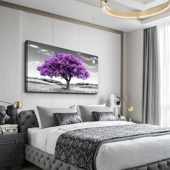 Canvas Wall Art for Living Room Large Wall Decor for Bedroom Modern Office Wall Decorations Purple Tree Landscape Painting Black and White Pictures Artwork Room Aesthetic Home Decor