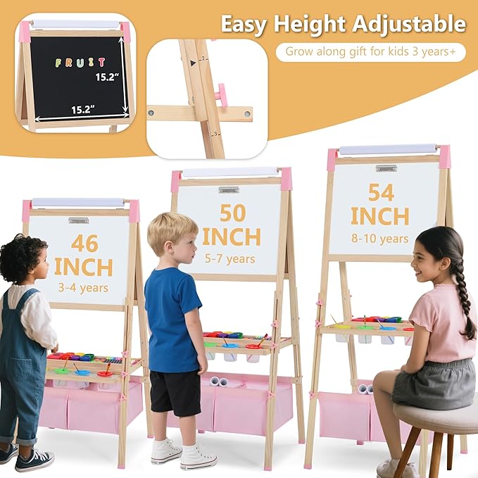 Kinder King 3 in 1 Wooden Kids Easel, Adjustable Double-Sided Art Easel for Kids, Magnetic Whiteboard & Chalkboard, Paper Roller, Art Supplies, Painting Drawing Easel Toddler, Pink