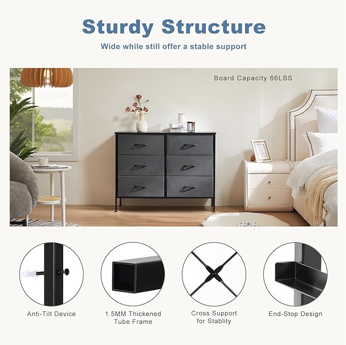 DUMOS TV Stand for Living Room, Dresser for Bedroom Chest of Dresser with 6 Fabric Drawers Storage Organizers Units, Nightstand for Bed