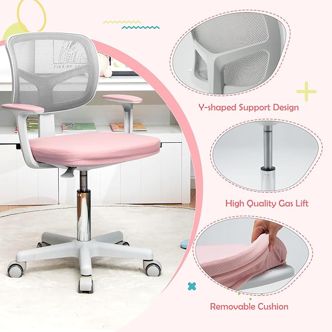 HONEY JOY Kids Desk Chair, Height Adjustable Children Study Chair, Swivel Mesh Task Student Chair, Universal Casters, Child Computer Desk Chair for Boys Girls Age 3-10 (Pink)