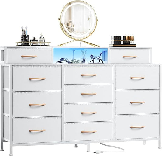 Furnulem White Dresser for Bedroom with LED Lights & Charging Station,55" Long Dressers & Chest of Drawers with 12 Storage Bins, Fabric Furniture for Closet,Hallway,2-Tier Shelf Wood Top,Metal Frame
