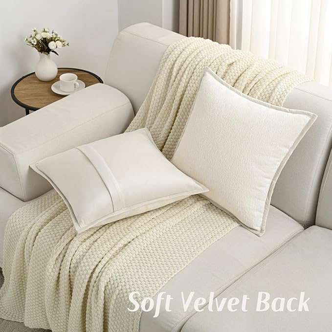FUTEI Cream White Chenille Throw Pillow Covers 16x16 Inch Set of 2,Soft Cozy Bound Edge Design Cushion Case,Home Decor for Couch Bed Living Room