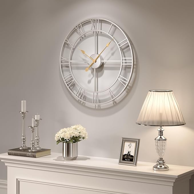 Silver Wall Clock for Living Room Decor, 24 Inch Large Metal Wall Clock Modern Luxury Roman Numeral Analog Battery-Operated Round Decorative Clocks for Bedroom, Kitchen, Office