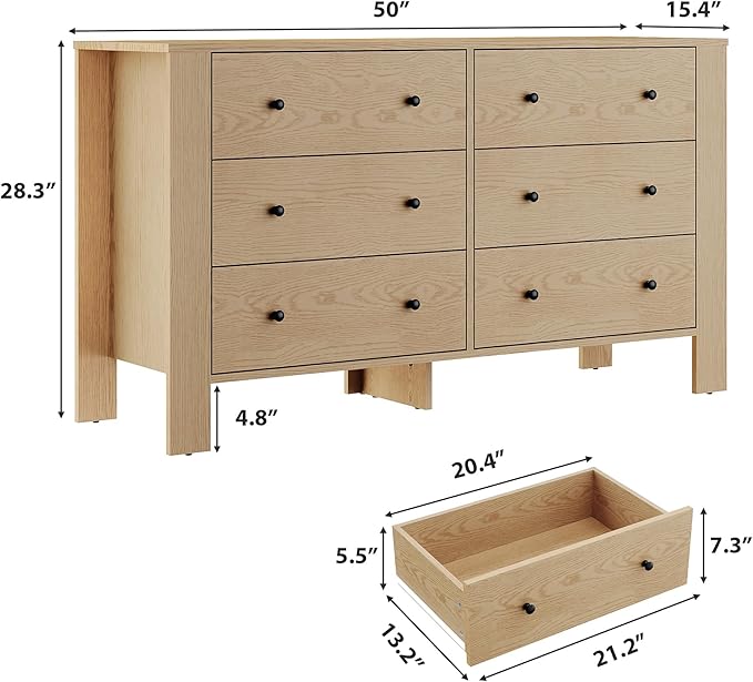 GarveeHome Natural Oak 6 Drawer Dresser for Bedroom, Modern Wide Dresser Organizer with Storage Drawers, Wooden Chests of Drawers for Bedroom, Entryway, Hallway, Home Office