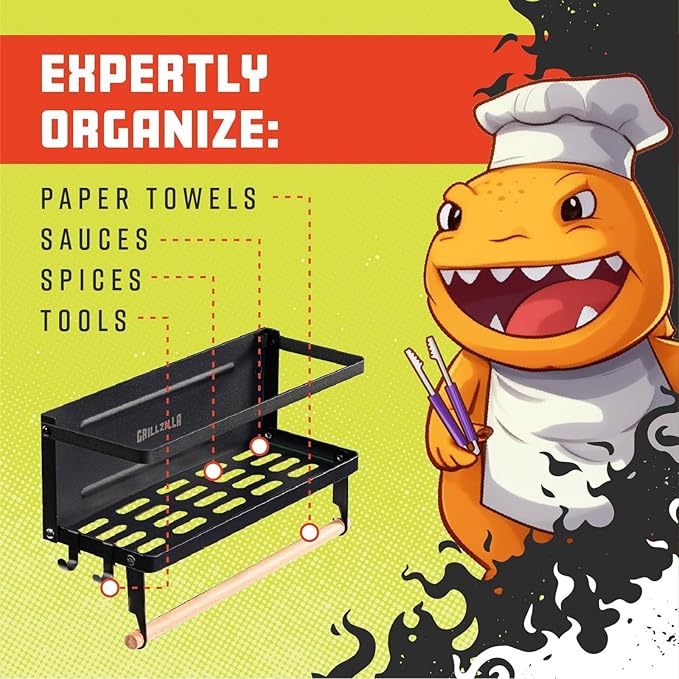Grill Accessories Magnetic Grill Caddy & Organizer - Black Portable Powder-Coated Iron - BBQ Shelf & Tool Holder with Heavy Duty Magnets for Refrigerator & Oven - Foldable Design