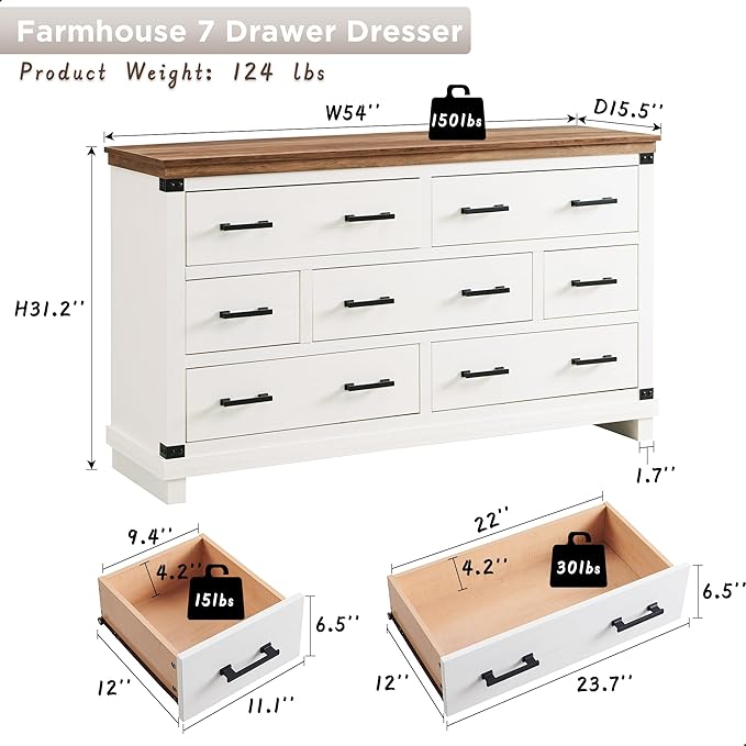 Farmhouse 7 Drawer Dresser for Bedroom - Wood Large Dressers & Chests of Drawers for Closet, 54 Inch Long Dresser with Storage for Bedroom, Living Room, Antique White