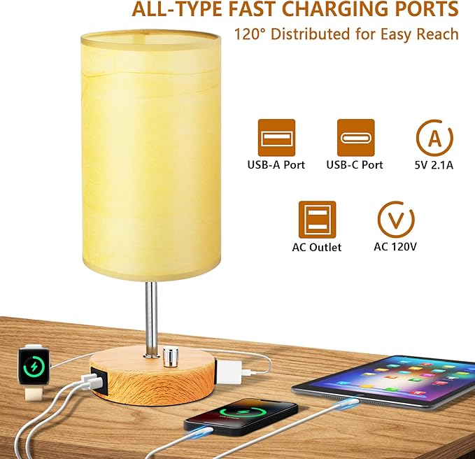 HiBay 17.75"H Dimmable LED Bedside Table Lamp with USB Charging Ports & AC Outlet, Modern Wood-Grain Nightstand Light for Bedroom, Office, Living Room, Kids Room, Round Fabric Shade, E26 Bulb Included