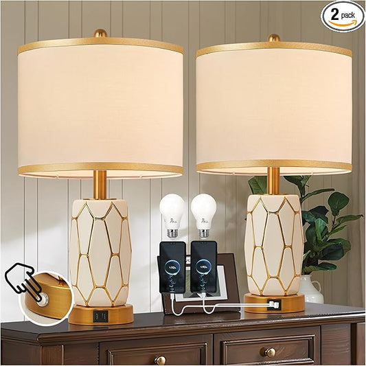 Set of 2 Touch Control Ceramic Table Lamps for Bedroom Livingroom,Modern Black/White, with USB Ports,Bedside Nightstand Lamp with Fabric Drum Lampshade,Blubs Included (White)
