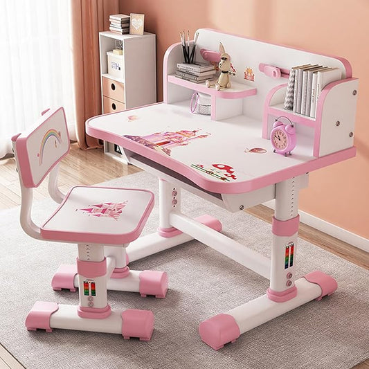 Kids Desk and Chair Set, Height Adjustable Kids Study Table and Chair Set, Children School Desk with Storage Drawer and Book Stand, Ergonomic Child Toddler Deskwith Sitting Posture Corrector (Pink 4)