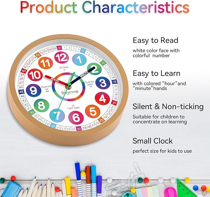 Learning Clock for Kids Telling Time Easily Teaching Clock Silent Non Ticking Battery Operated Colorful Teaching Time Clock Decorative for Kids Room Classroom School Playroom (12 Inch)