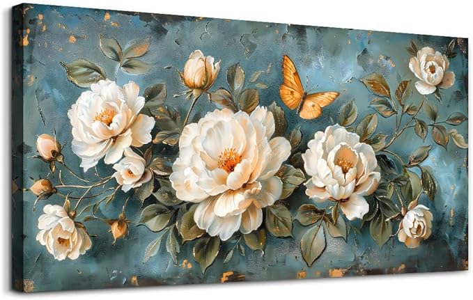 hyidecorart Living Room Canvas Wall Art White Flowers Artwork Pictures Wall Decor For Bedroom Office Decorations Modern Family Wall Paintings Posters Ready To Hang Large Framed Aesthetic Home Decor