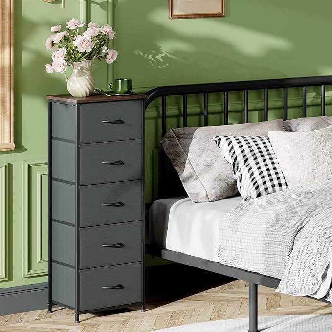 Somdot Tall Dresser for Bedroom with 5 Drawers, Storage Chest of Drawers with Removable Fabric Bins for Closet Bedside Nursery Laundry Living Room Entryway Hallway, Charcoal Grey