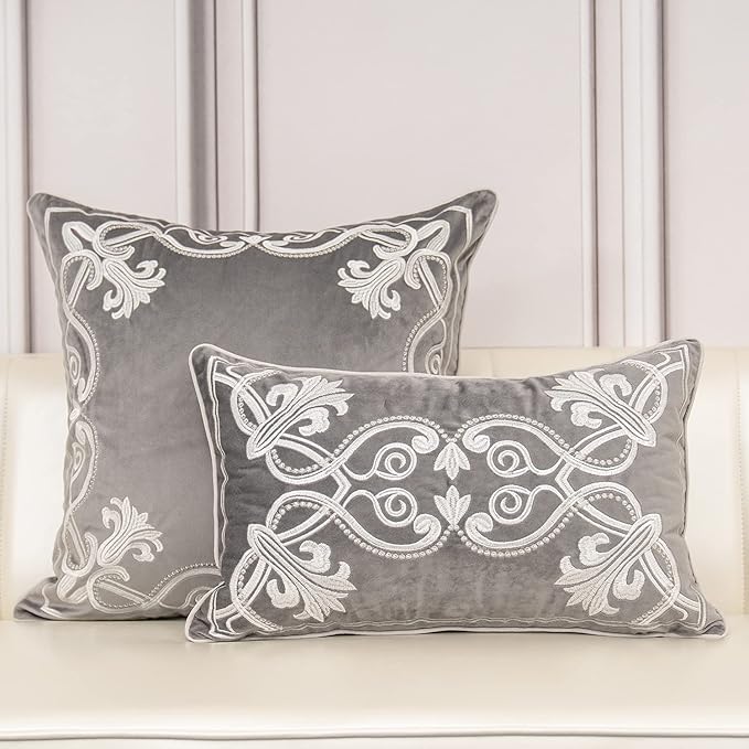Aeckself European Floral Pillow Cover 18x18 Inch, Luxury Velvet Embroidered Decorative Throw Pillow Cover for Couch Bedroom Living Room, Grey and White