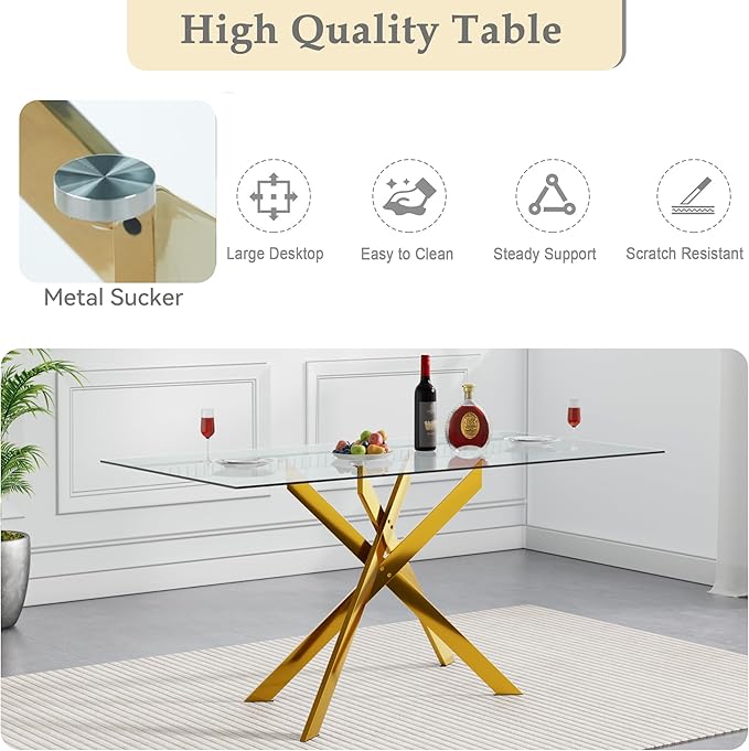 SSLine 51'' Gold Glass Dining Table Set for 6,7 Piece Kitchen Table and Chairs Set with Metal Legs and 6 PU Leather Dining Chairs for Kitchen Room Small Spaces